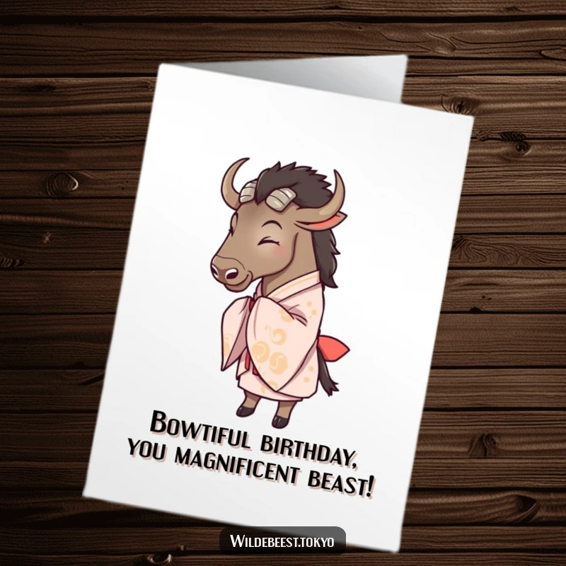 Funny Free Printable Birthday Card: Wildebeest in a patterned kimono bowing politely, spreading birthday cheer. A humorous downloadable greeting card.
