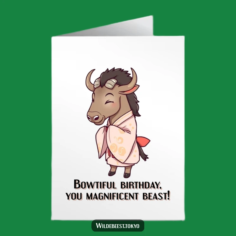 Free Printable Birthday Card: Funny Wildebeest Bowing Kimono Downloadable Gift