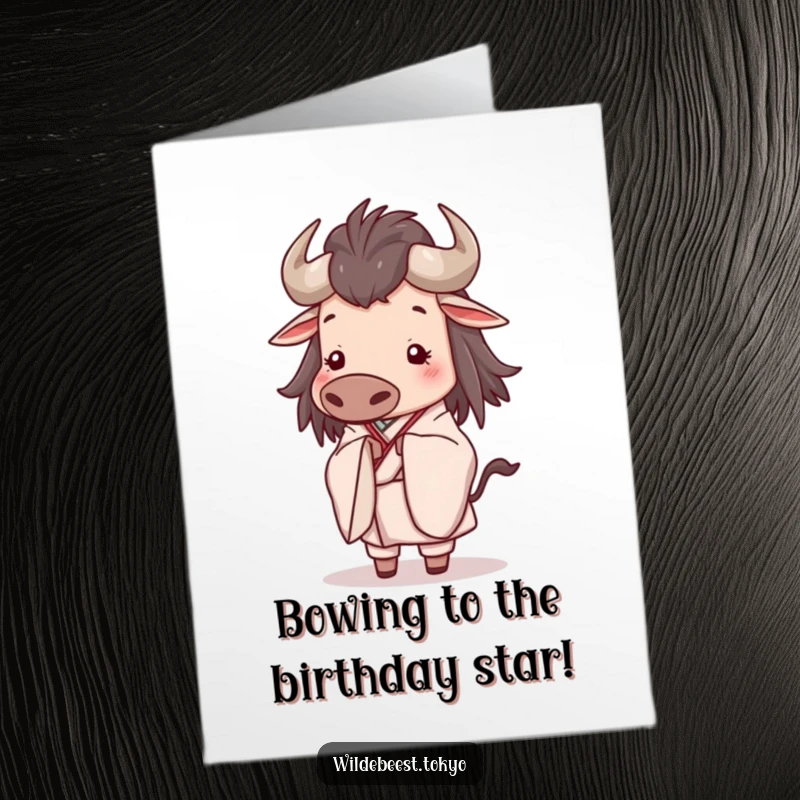 Funny Free Printable Birthday Card: Happy wildebeest in an elegant kimono bows serenely.