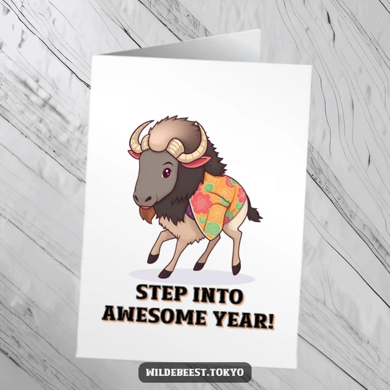Funny Free Printable Birthday Card: A fluffy wildebeest in a vibrant kimono takes a graceful step.