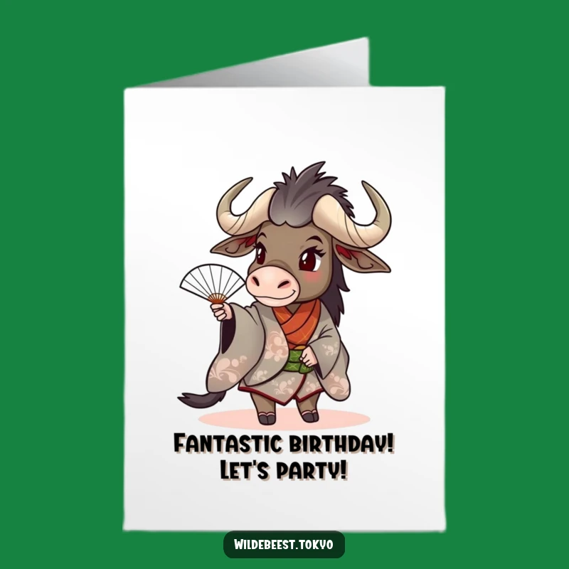Free Printable Birthday Card: Fun Wildebeest Spinning Fan Kimono Downloadable