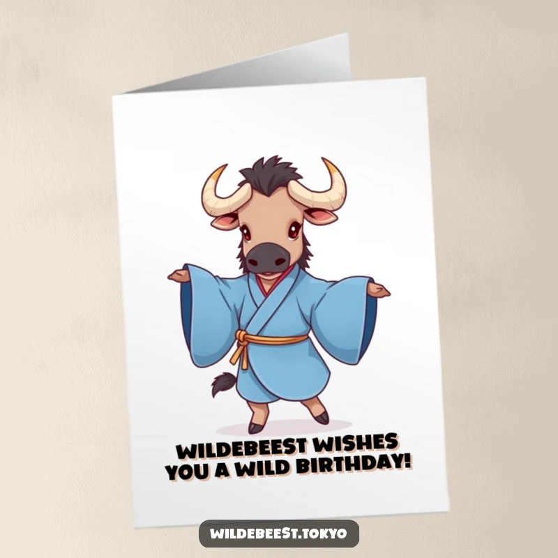 Funny Free Printable Birthday Card: A graceful wildebeest in a blue kimono twirling with sleeves extended, ready to celebrate.