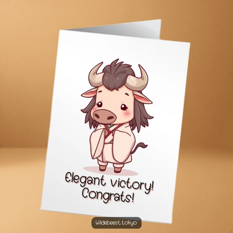 Funny Free Printable Congratulations Card: Happy wildebeest in a flowing kimono bows slightly.