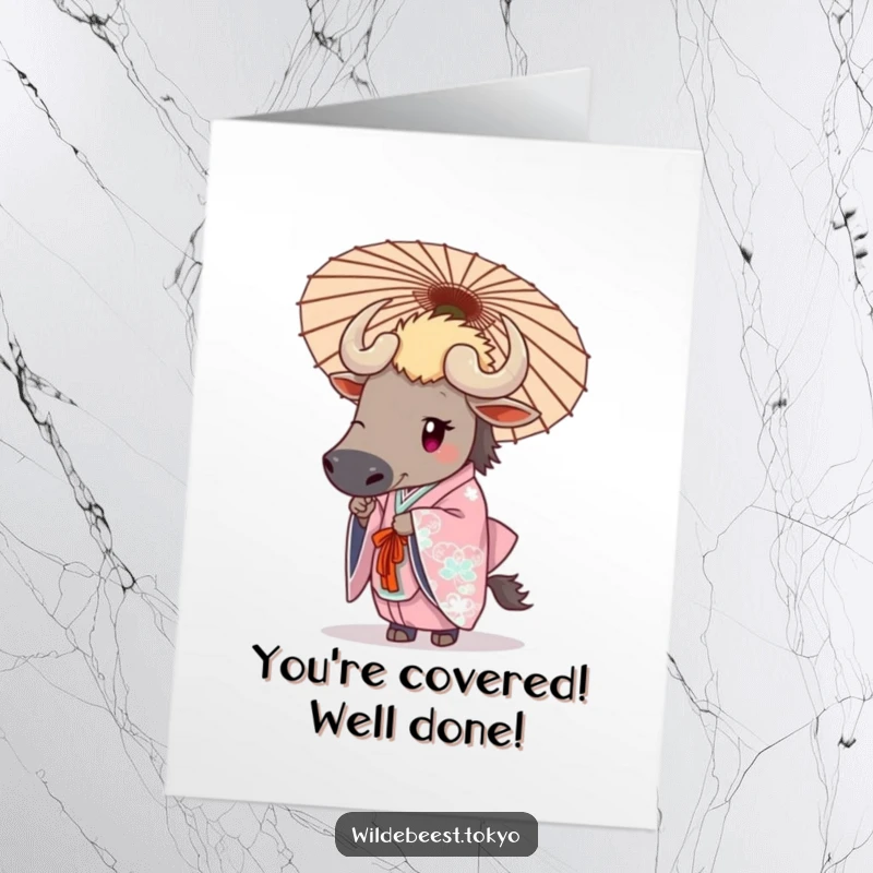 Funny Free Printable Congratulations Card: A wildebeest in an elegant kimono holds a decorative umbrella, offering congratulations. A chic downloadable note.
