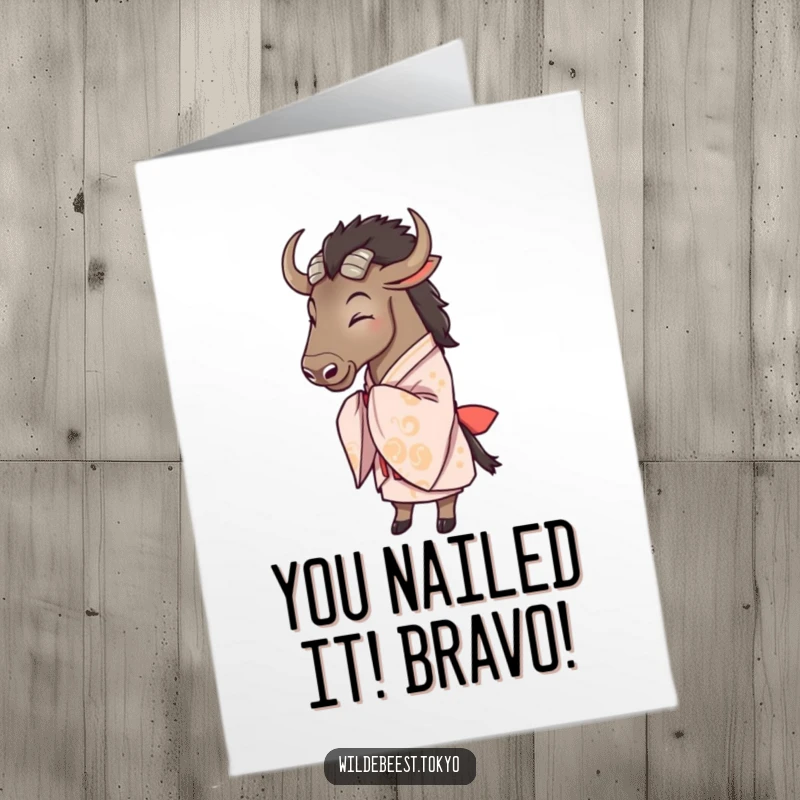 Funny Free Printable Congratulations Card: A bowing wildebeest in a kimono offers warm wishes for achievements. A delightful downloadable greeting.
