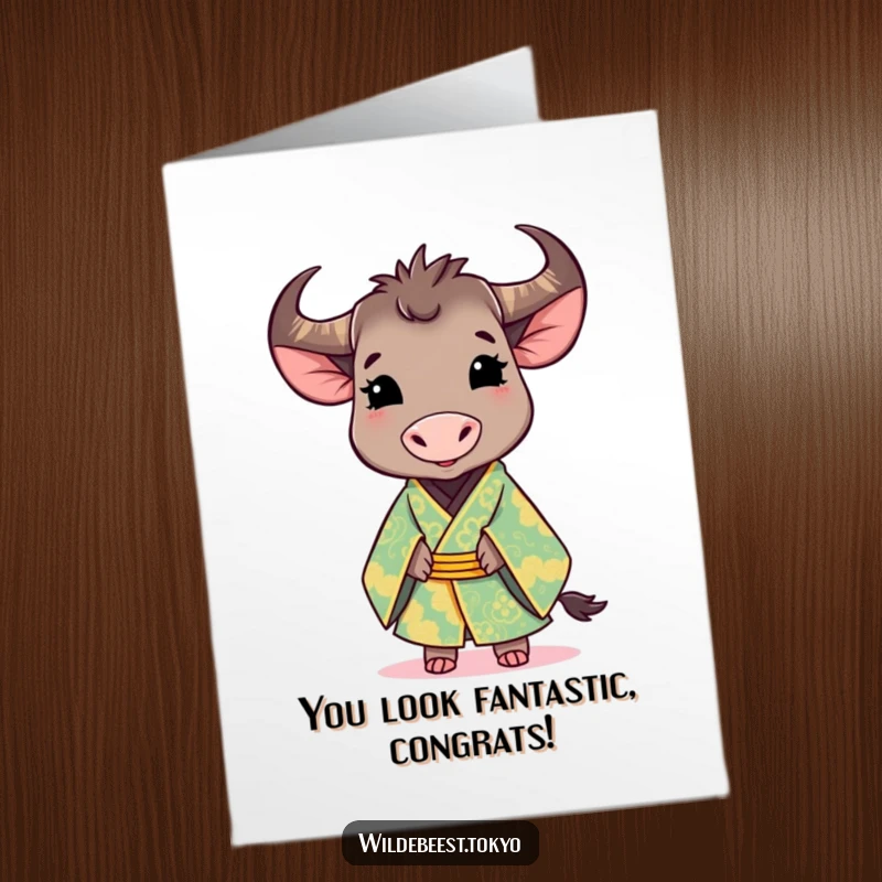 Funny Free Printable Congrats Card: A smiling wildebeest in a beautiful kimono gracefully celebrates their success.