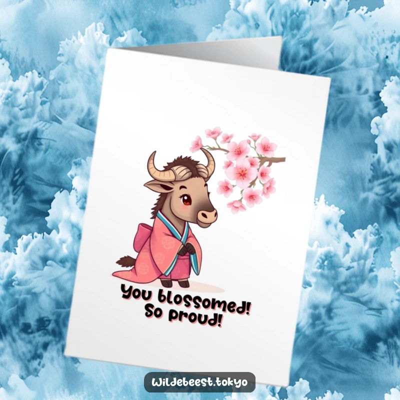 Funny Free Printable Congratulations Card: A wildebeest in a kimono gazes at cherry blossoms, symbolizing new achievements. A lovely downloadable note.