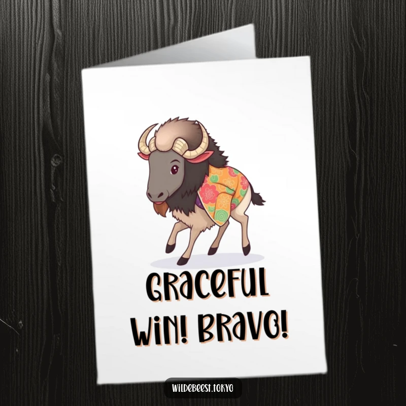 Funny Free Printable Congratulations Card: A fluffy wildebeest in a patterned kimono steps gracefully.