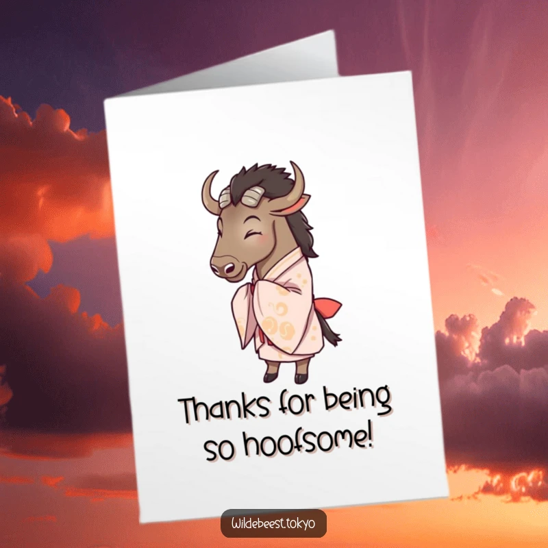 Funny Free Printable Thank You Card: A thankful wildebeest in a kimono bows deeply, expressing gratitude. A charming downloadable message.