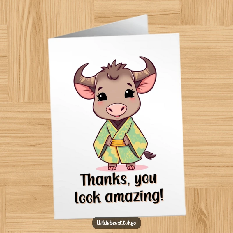 Funny Free Printable Thank You Card: A smiling wildebeest in an ornate kimono expresses thanks with graceful charm.