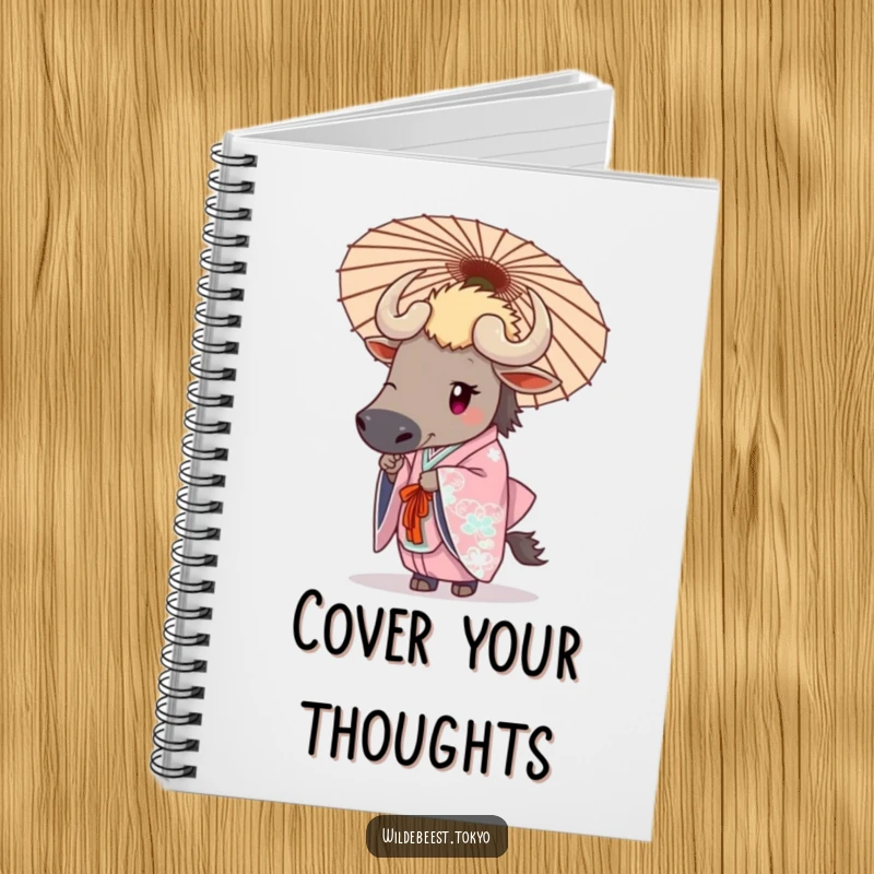 Funny wildebeest in an elegant kimono holding a decorative umbrella, inspiring classy thoughts on this notebook.