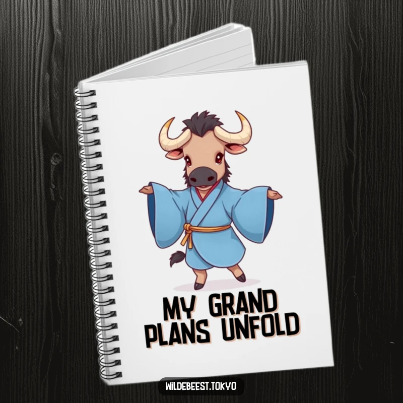 Funny notebook with a charming wildebeest gracefully twirling in a blue kimono, sleeves elegantly extended, ideal for journaling and note-taking.
