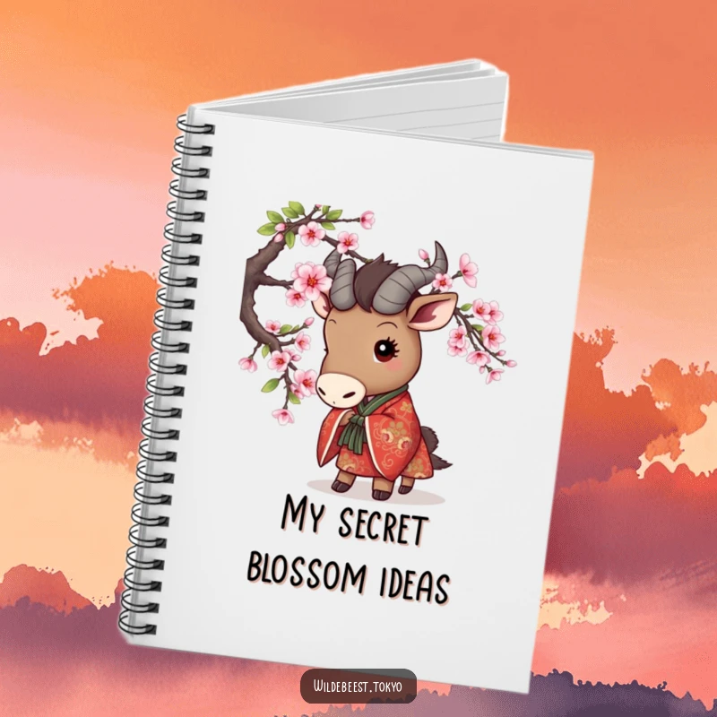 Funny notebook with a cute wildebeest in an embroidered kimono playfully peeking from behind a cherry blossom branch, ideal for notes.
