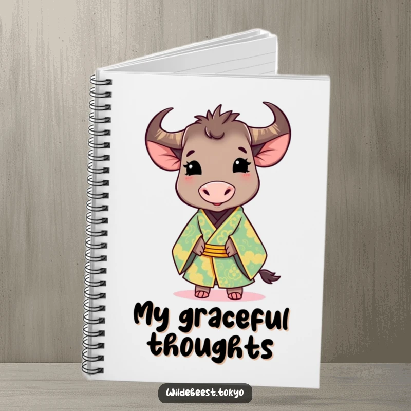 Funny notebook: cute wildebeest wearing a vibrant, ornate kimono, smiling gracefully, ideal for elegant journaling and notes.