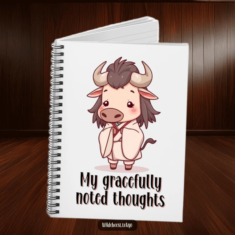 Funny notebook with a happy wildebeest in an elegant kimono, bowing slightly with a serene expression, symbolizing calm reflection.