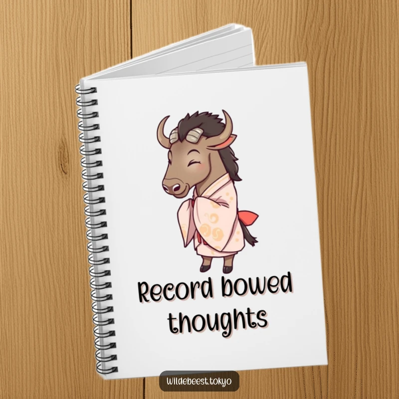 Funny wildebeest in a patterned kimono, bowing gracefully, ready to inspire notes on this functional notebook.