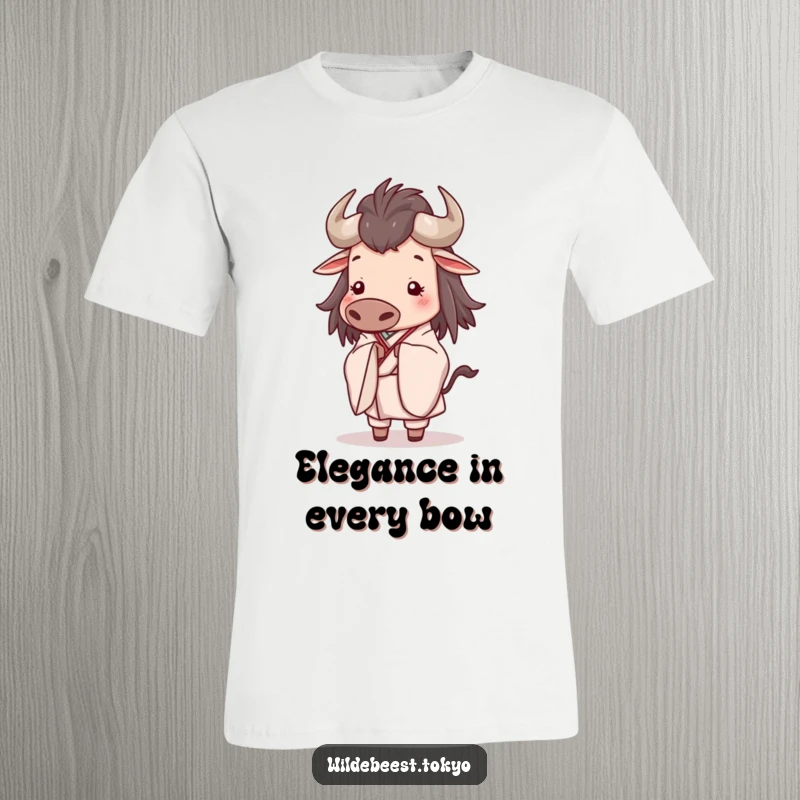 Funny t-shirt featuring a happy wildebeest in a flowing, elegant kimono, bowing slightly with a serene, gentle demeanor.