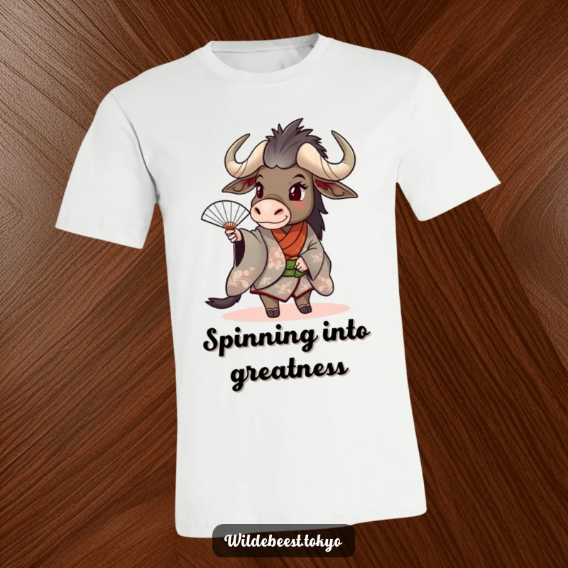 Funny wildebeest in a stylish kimono, captured mid-spin with a decorative fan on this eye-catching t-shirt.