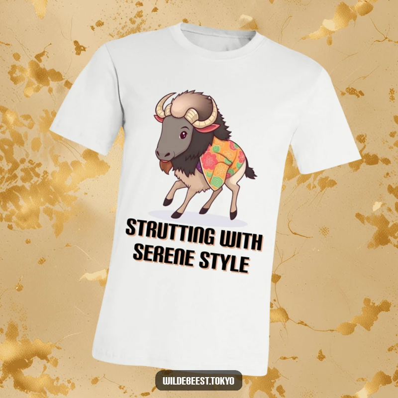 Funny t-shirt with a fluffy wildebeest in a colorful kimono, taking a delicate, graceful step forward with poise.