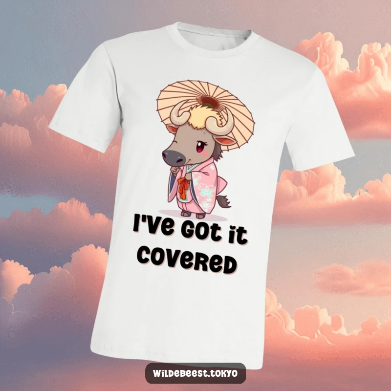 Funny wildebeest wearing an elegant kimono, holding a decorative umbrella, exuding grace on this t-shirt.
