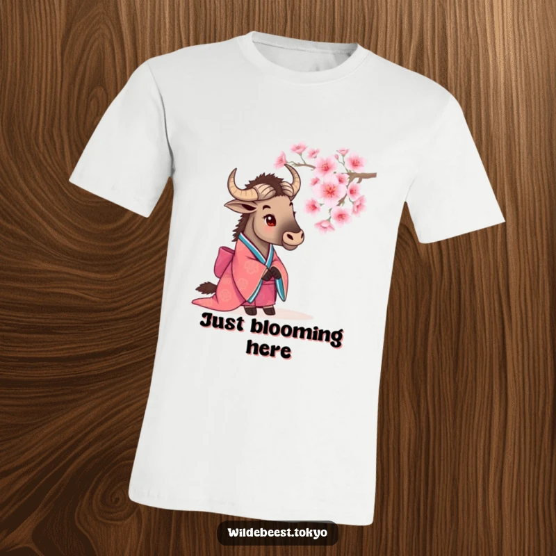 Funny wildebeest in a vibrant kimono, looking at a blooming cherry blossom, a peaceful scene on this t-shirt.
