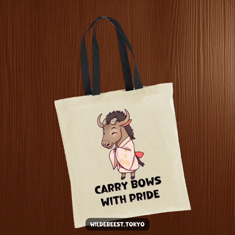 Funny wildebeest in a patterned kimono, bowing politely and radiating good vibes on this durable tote bag.