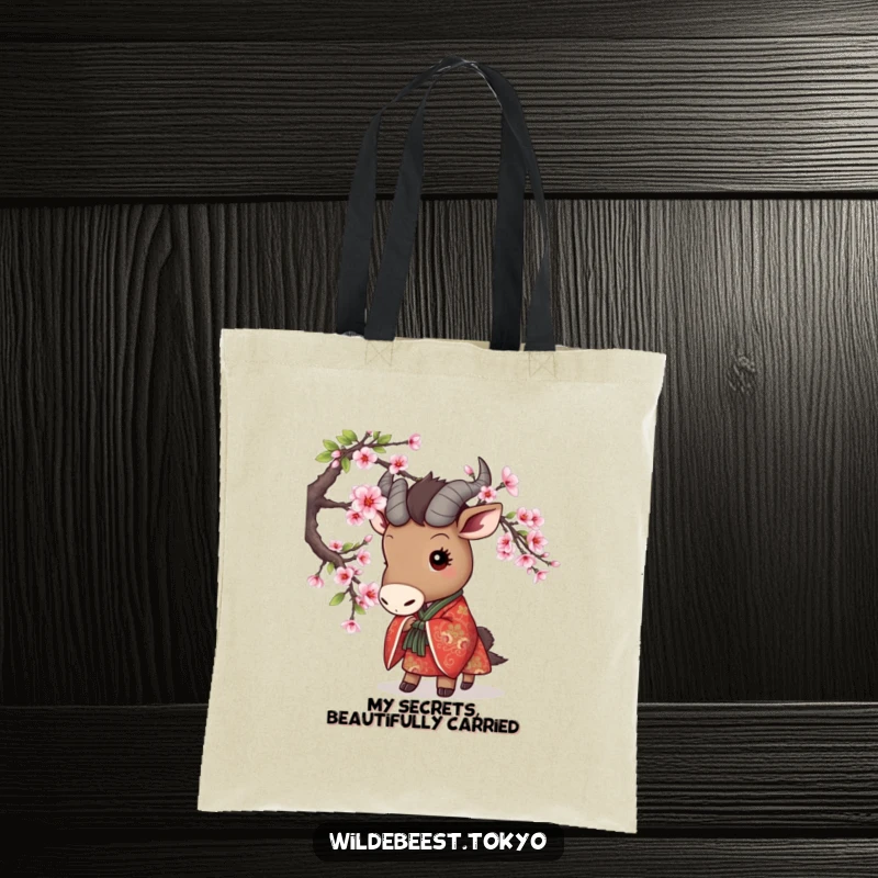 Funny tote bag featuring a cute wildebeest in an embroidered kimono playfully peeking from behind a cherry blossom branch, very cute.